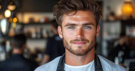 Fototapeta premium Young man with charming smile serving drinks in a modern cafe during busy afternoon hours