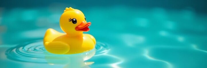 Close up of adorable bath toy duck swimming in crystal clear swimming pool, crystal clear, rubber duck