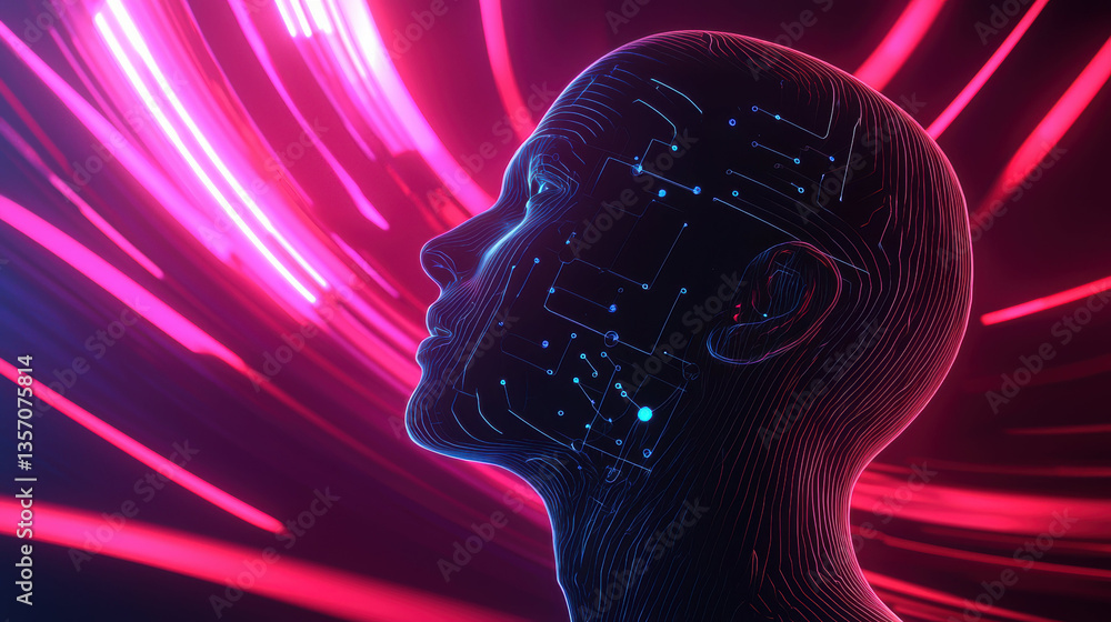 Poster futuristic representation of artificial intelligence with glowing circuit pattern human like face, s