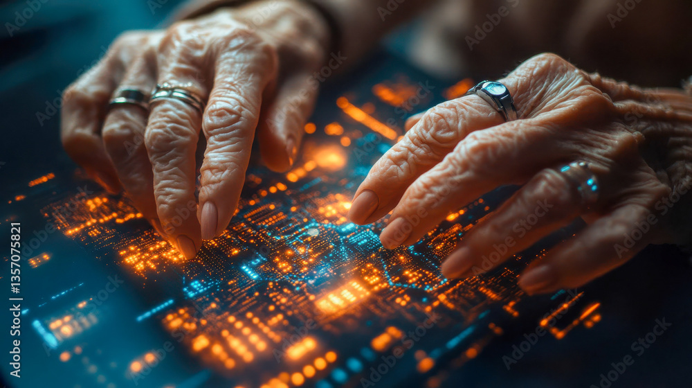 Poster aged hands with rings and a smartwatch interacting with a glowing high-tech digital interface
