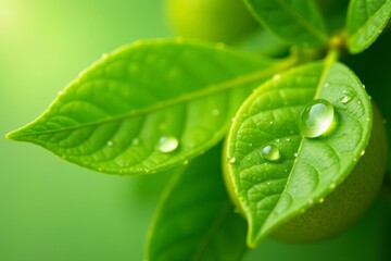 Close-up of fresh lemon leaves with water droplets, vibrant green color, freshness, lemon, close-up