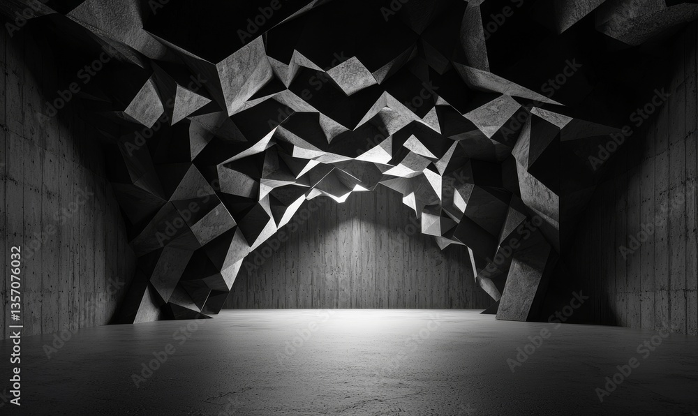 Poster abstract architectural elements are set against a backdrop of empty and rough concrete interior