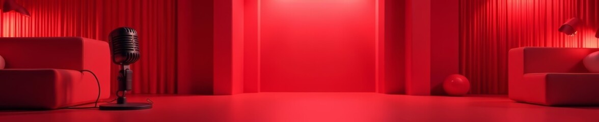 Obraz premium Retro style red podcast studio with abstract shapes and lines, podcast, illustration, background