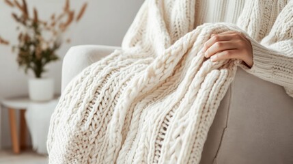 Woman Relaxing Under A Cozy Cream Knitted Blanket In A Soft Light Interior Decorated Room With A Neutral Aesthetic Feel. Cozy Atmosphere.  Soft Texture.  Homey Comfort.  Calm Serenity.  Woman Under