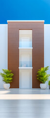 Modern architectural design featuring brown facade and potted plants against bright blue sky