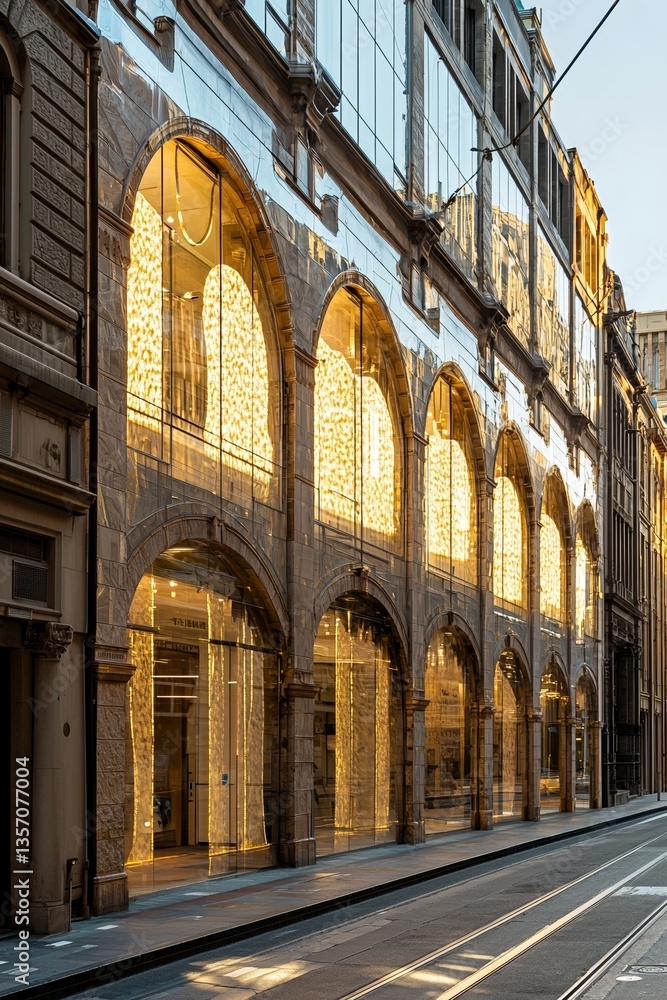Poster golden hour architecture is exemplified by the copper building with reflection