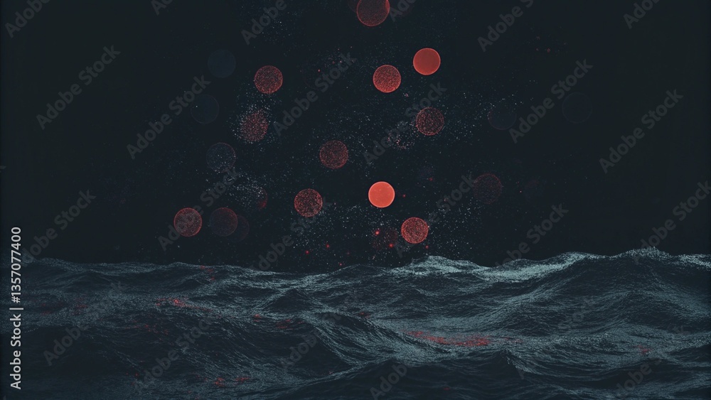 Poster the flow of luminous orange and teal waves of light and particles across a dark background. a dynami