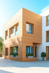 Obraz premium Modern wooden house with large windows in sunny outdoor setting