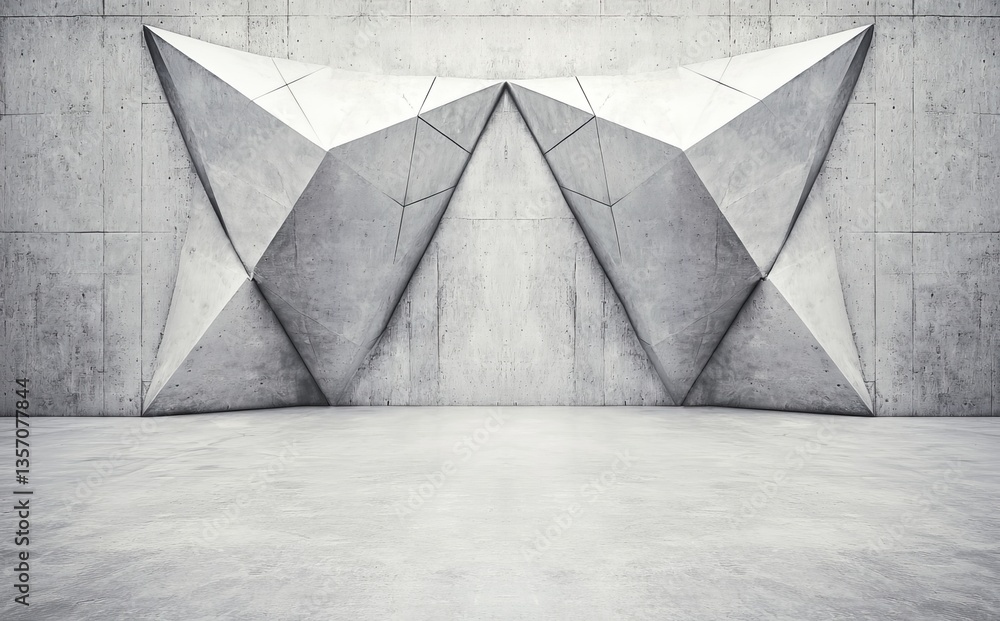 Poster an abstract 3d interior made of dark concrete and showcasing a polygonal pattern on the