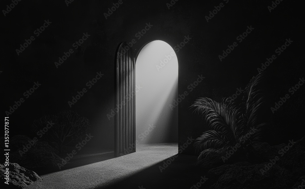 Aufkleber three-dimensional rendering of a hollow, abstractly styled concrete tunnel with a pitched design