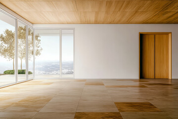 Modern interior design showcasing spacious room with large windows and wooden accents