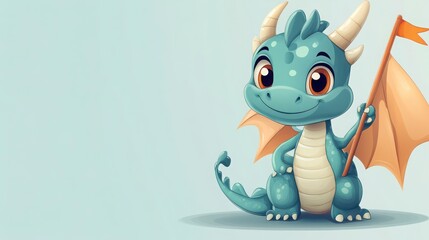 Obraz premium Adorable Baby Dragon Pixel Art Illustration With Orange Flag And Light Blue Backgrounds. Whimsical And Adorable Illustration Of A Cute Dragon. Charming Little Dragon. Cute Little Dragon. Friendly