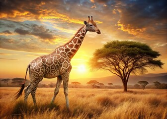 Obraz premium African Savannah Sunset: Giraffe Mehndi Body Art Landscape Photography