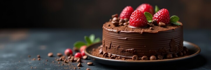 Rich chocolate cake with intricate decorations on dark background, chocolate, delicious, indulgent