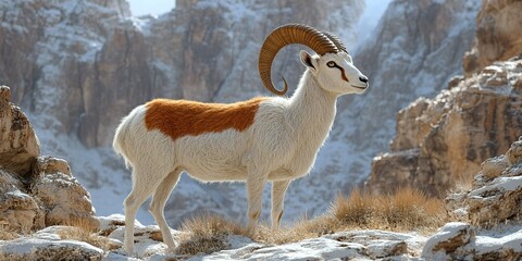 Obraz premium Mountain goat standing majestically in a snowy landscape surrounded by rocky cliffs under a clear blue sky
