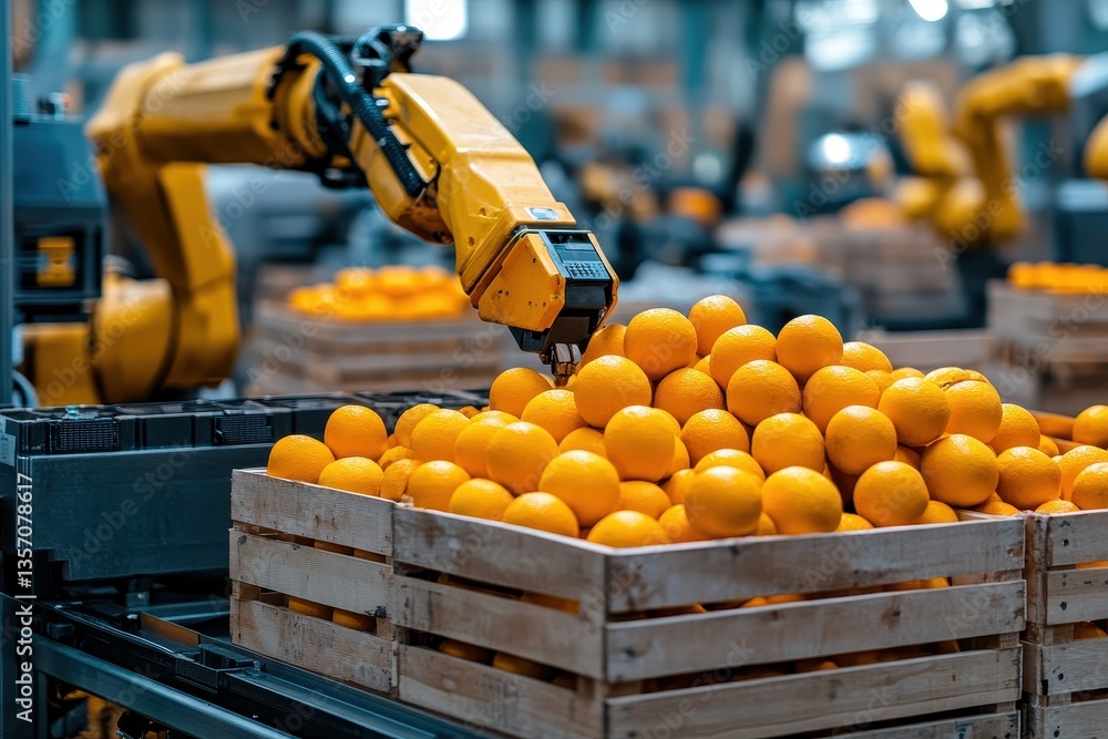 Poster automated orange sorting in modern warehouse with robotic arm technology