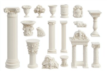 Naklejka premium Ancient Greek columns and ornate reliefs are showcased in classical architecture on a clean white background