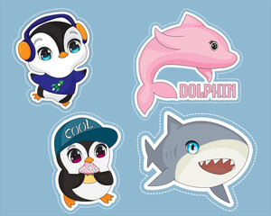 Penguin Shark And Dolphin Sticker Set of 4 Animal Vector
