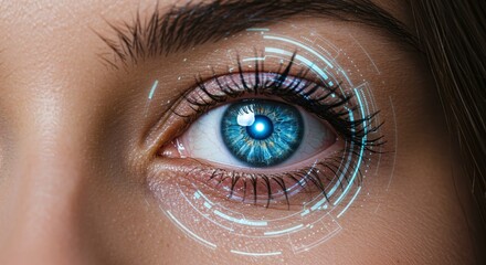 The Eye of Innovation: A striking close-up of a human eye with a futuristic augmented reality overlay, a fusion of nature and technology.