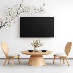 Fototapeta premium A minimalist living room features a round wooden coffee table, two light beige upholstered chairs, and a flat screen TV adorned with a delicate cherry blossom branch wall decal,