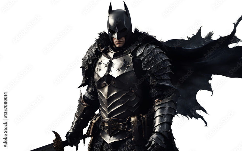 Poster Dark knight in cursed armor with a cracked greatsword, isolated on a empty plain background