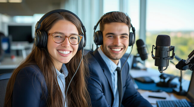 A photo of female reporter with long brown hair and glasses wearing headphones sitting next to male news anchor in suit jacket smiling while talking into microphones at an un gripp