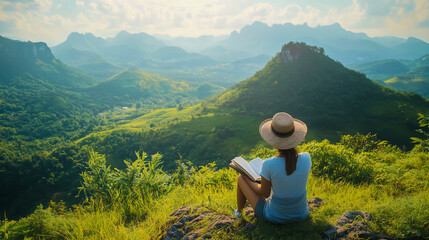 A tranquil summer getaway with a happy traveler immersed in a captivating book, nestled in a peaceful natural setting