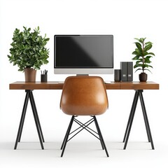 Modern home office workspace with a wooden desk, brown leather chair, potted plants, and computer. Minimalist and clean aesthetic.