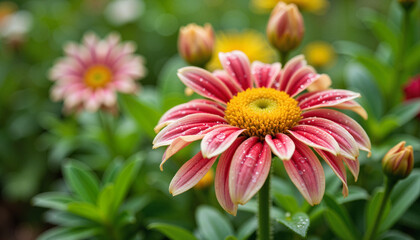 Obraz premium Colorful flower drenched in rain, vibrant garden beauty