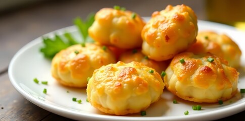 Close-up of crispy golden potato dumplings on a white plate, delicious, fried food