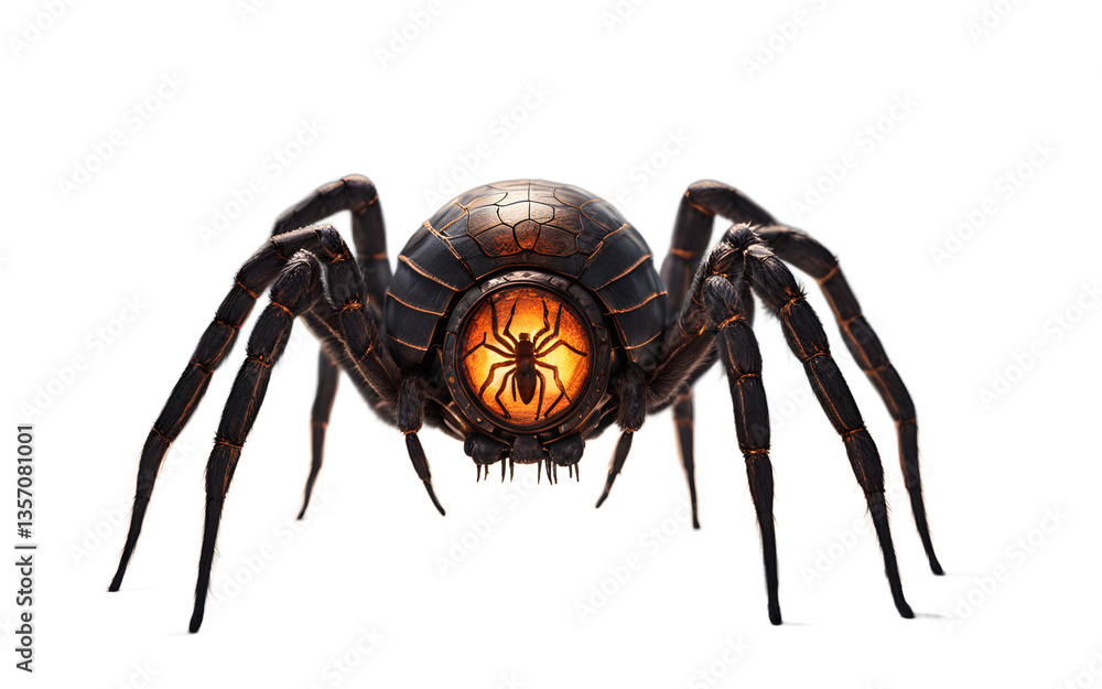 Poster giant spider with glowing runes on its carapace, isolated on a empty plain background