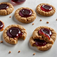 A peanut butter and jelly thumbprint cookie with a glossy jam center, placed on a white surface.