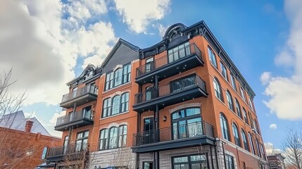 Fototapeta premium Under a bright blue sky, a sleek brick apartment building stands out with its spacious balconies and large windows