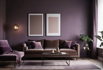 Modern Living Room Interior Design with Purple Velvet Sofa and Artwork