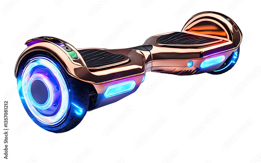 Poster Gravity-defying hoverboard with neon lights, isolated on a empty plain background