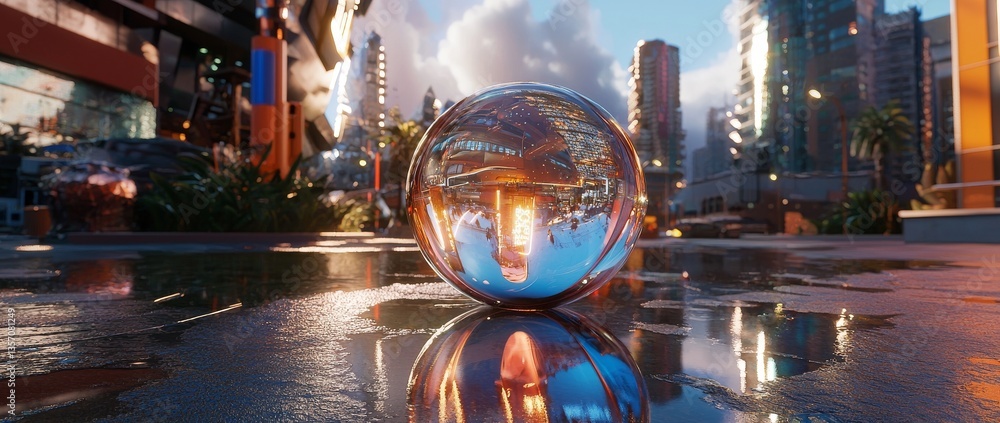 Aufkleber futuristic reflection of an urban scene with a metallic sphere in a vibrant setting