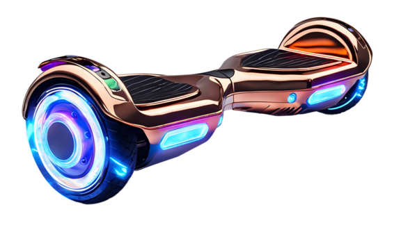 Gravity-defying hoverboard with neon lights, isolated on a empty plain background
