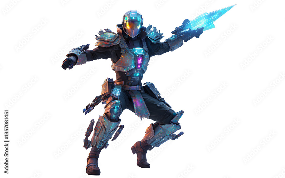 Poster Holographic rogue with a shifting pixelated body and dual plasma daggers, isolated on a empty plain background