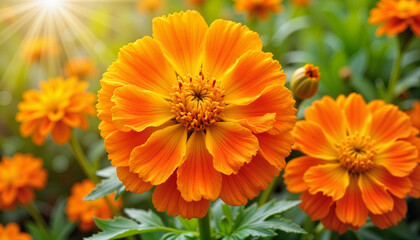 Fototapeta premium Bright orange marigold flowers blooming in a sunny garden 