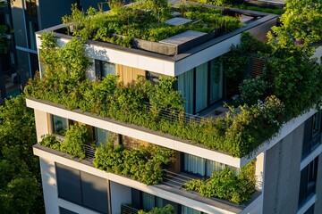 Eco-friendly urban planning features sustainable architecture with modern green rooftop gardens