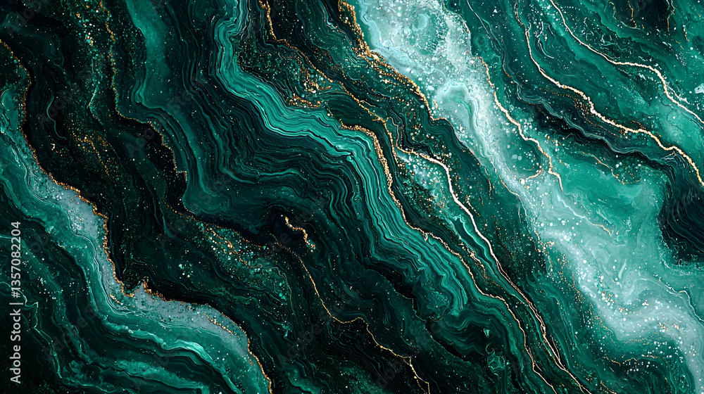 Poster abstract background with swirling emerald green and gold veins creating a fluid texture effect