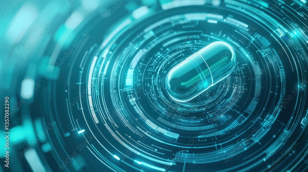 Poster futuristic capsule with data circles and digital elements in blue