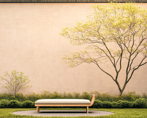 Outdoor seating area with minimalistic design under a tree during daytime