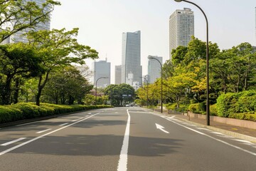 Obraz premium The urban scene is characterized by a quiet street with trees, power lines, and an overpass in close proximity