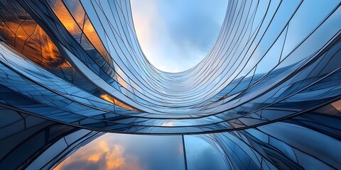 Low angle view of futuristic architecture, Skyscraper of office building with curve glass window, Superlative generative AI image