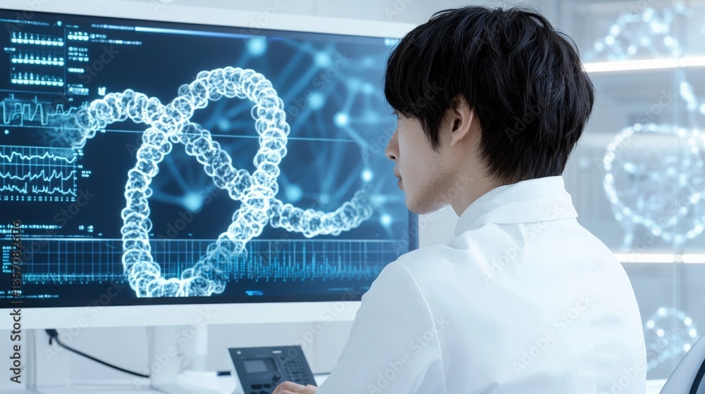 Poster research scientist analyzing dna structure on advanced computer display