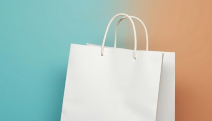 Close-up of empty white paper bag with handles, biodegradable, packaging
