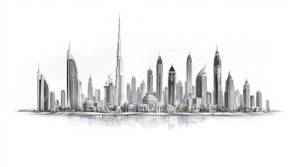 Fototapeta premium Illustration of an Urban Landscape featuring Towering Structures and a Cloudy Background