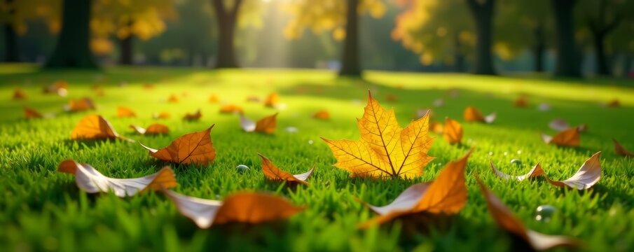 Close-up of fallen leaves on dewy grass in a park, autumn, close-up