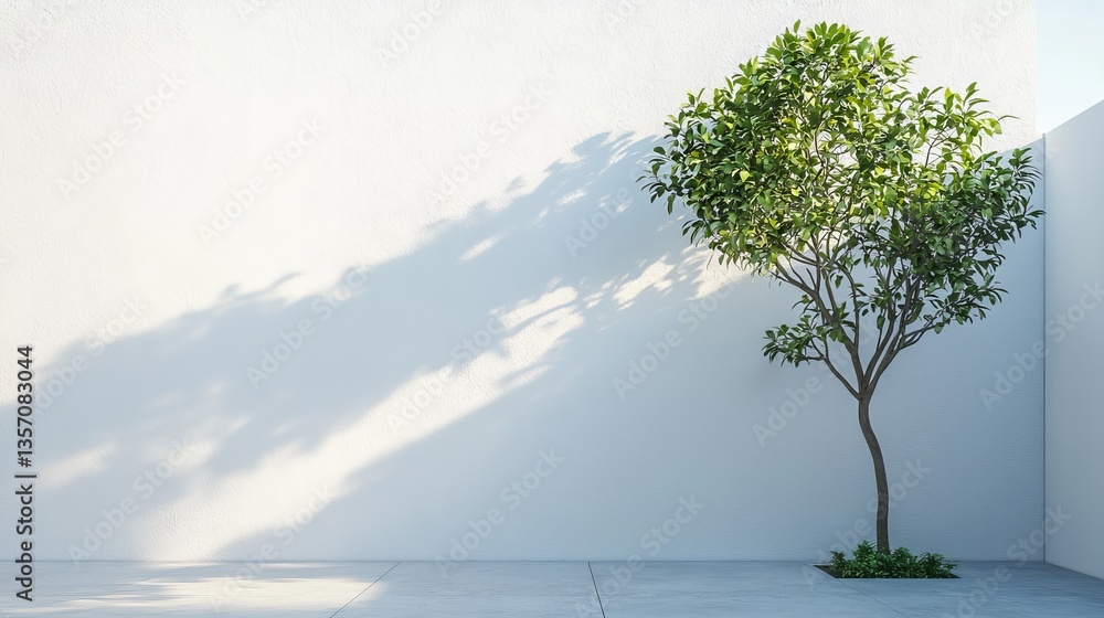 Poster the facade of this minimalist architecture features a tree and soft shadows
